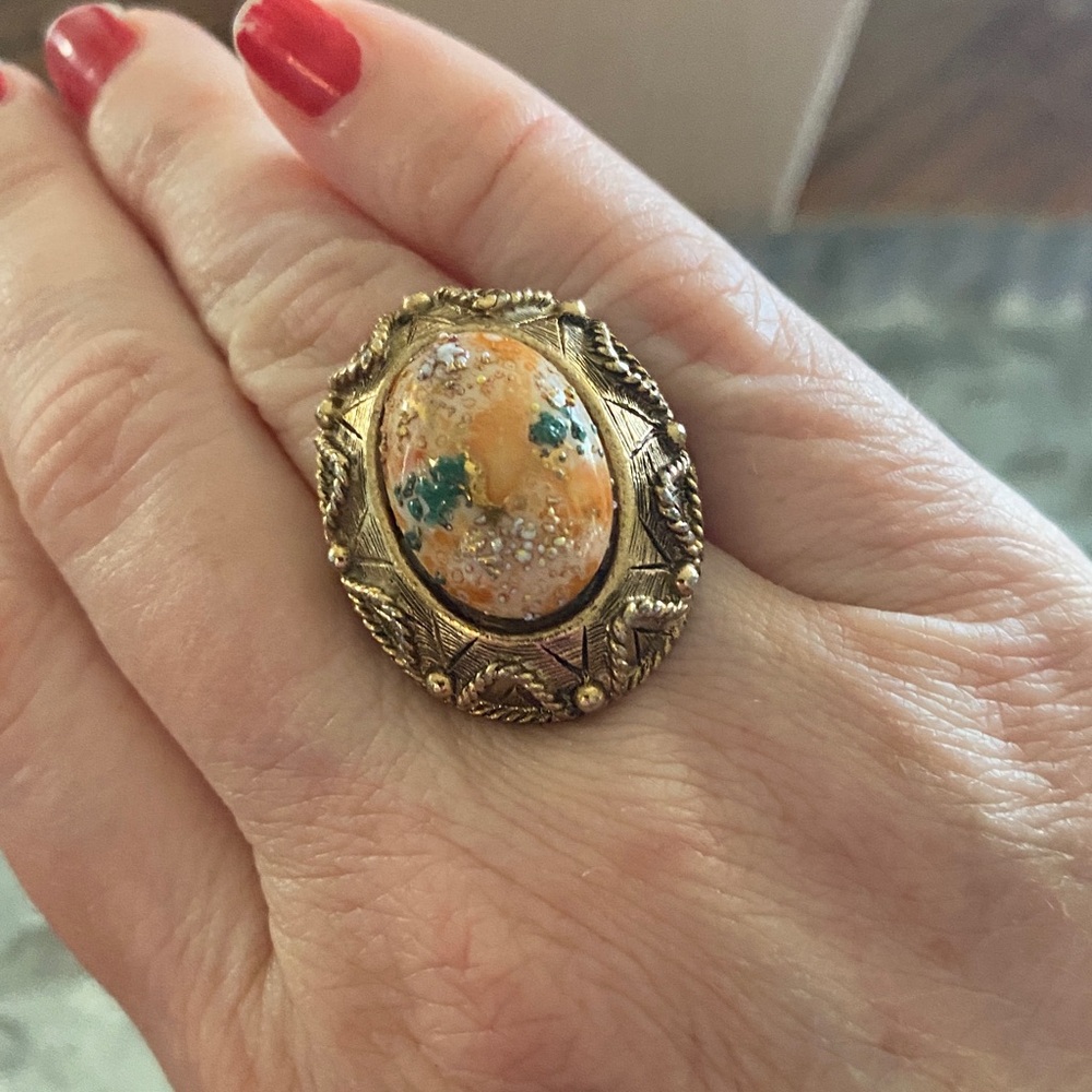Vintage  Gold-tone Ring with Orange and Teal Stone